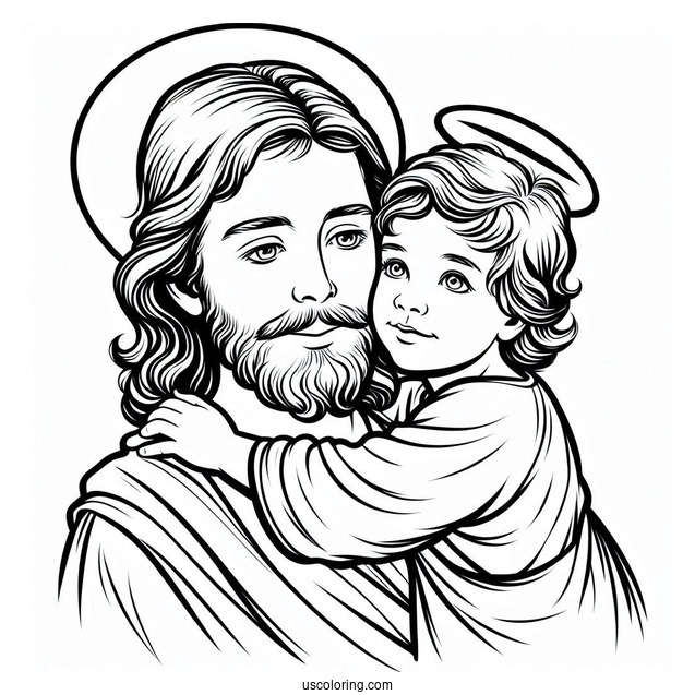 Holy Jesus Coloring Page With A Halo Carrying A Little Boy