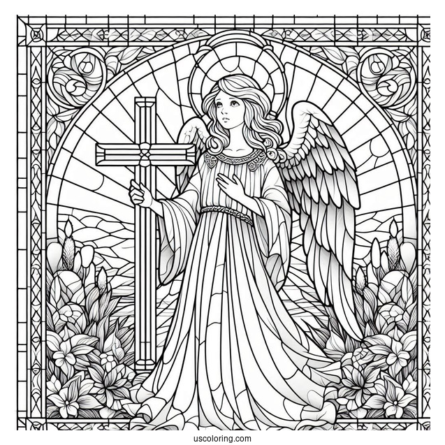 Angel Standing In Front Of A Cross Stained Glass Coloring Page