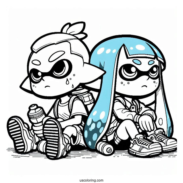 Splatoon Coloring Page Of Orange Inkling Boy Sitting Next To Blue Inkling Girl After Battle