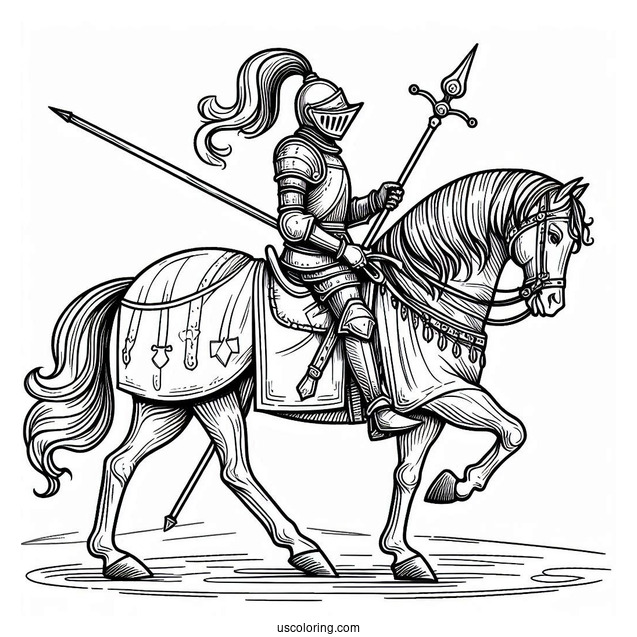 Coloring Sheet Of Knight With Lance On A Horse