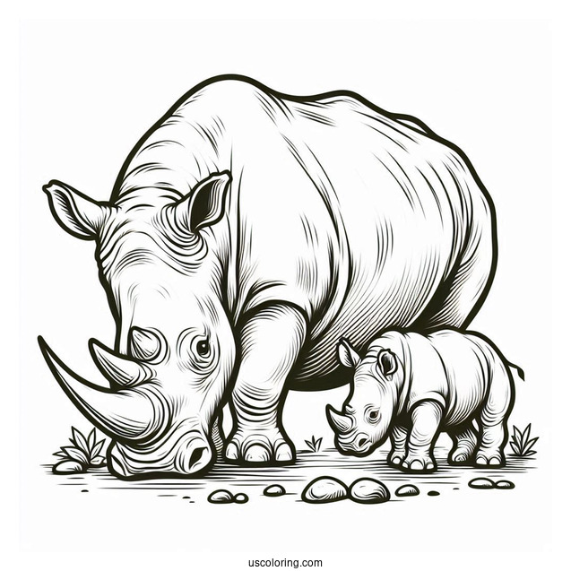 Coloring Page Of New Born Rhino And Mother