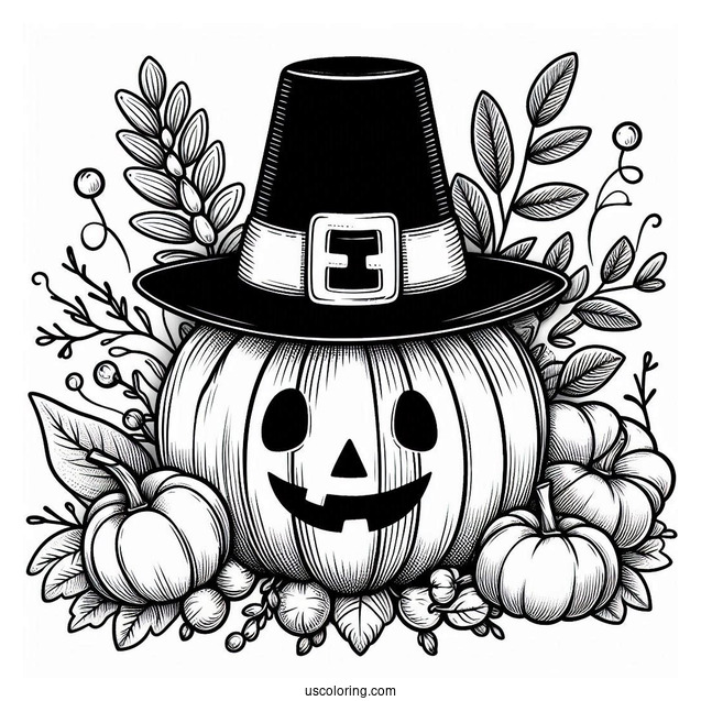 Thanksgiving Pumpkin Coloring Page Wearing Pilgrim Hat