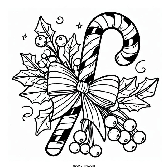 Candy Cane With Mistletoe Coloring Sheet