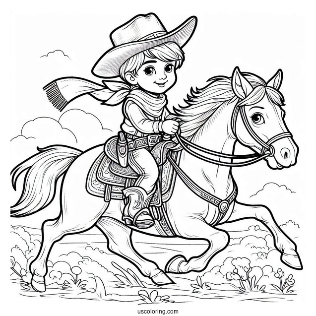 Young Cowboy Coloring Page Riding A Horse For Kids