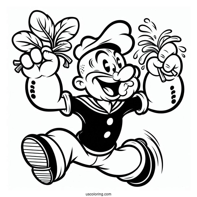 Popeye Coloring Page Catching Spinach With His Mouth