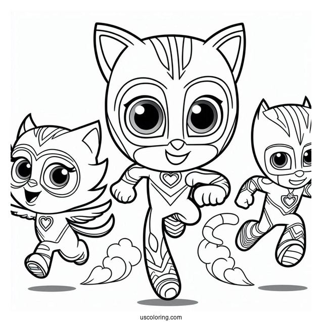 PJ Masks Coloring Page Of Owlette, Catboy, And Gekko Running Fast