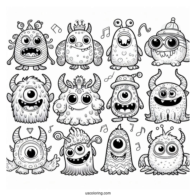 My Singing Monsters Coloring Page Of Mammott, Entbrat, Bowgart, Punkleton, Ghatz, Potbelly, And Noggin