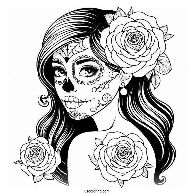 Woman With Sugar Skulls Coloring Page Face Paint And Rose Tucked Behind Her Ear