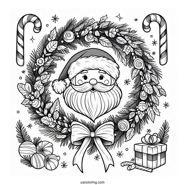 Santa Christmas Wreath Coloring Sheet