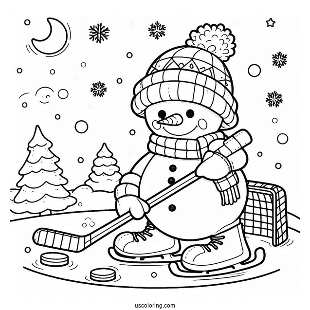 Coloring Sheet Of a Snowman Playing Ice Hockey