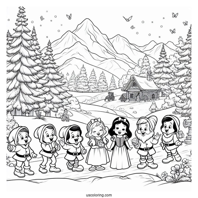 The Seven Dwarfs With Snow White To Color