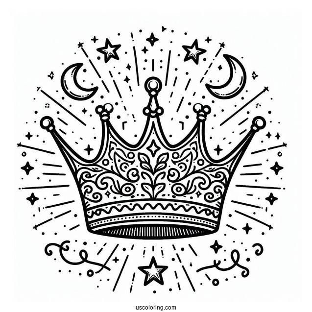 Majestic Crown Coloring Page with Stars and Light Beams