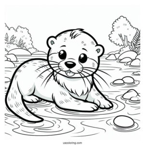 Cartoon Otter Coloring Page Swimming In River For Kids