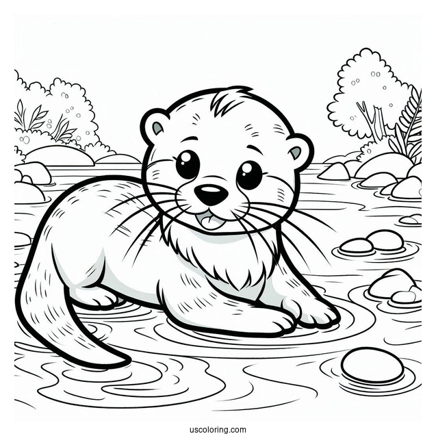Cartoon Otter Coloring Page Swimming In River For Kids