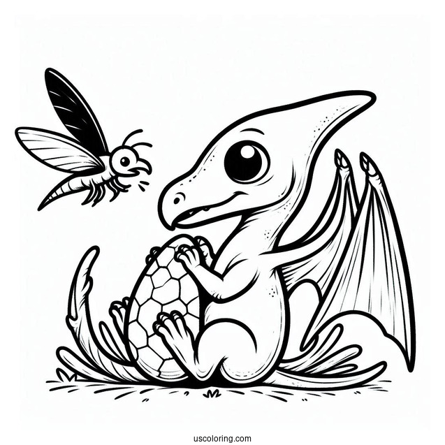 Baby Pterodactyl Coloring Page Eating Bug