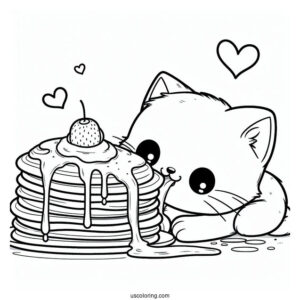 Cute Cat Drooling Over Pancake Coloring Page