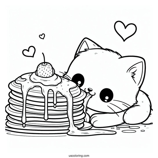 Cute Cat Drooling Over Pancake Coloring Page