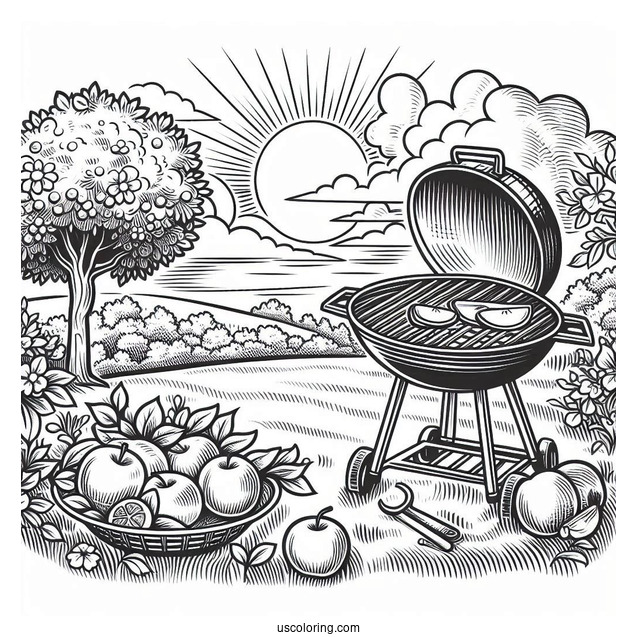 Summer Coloring Page Of Grill In The Backyard With Apples On The Grass