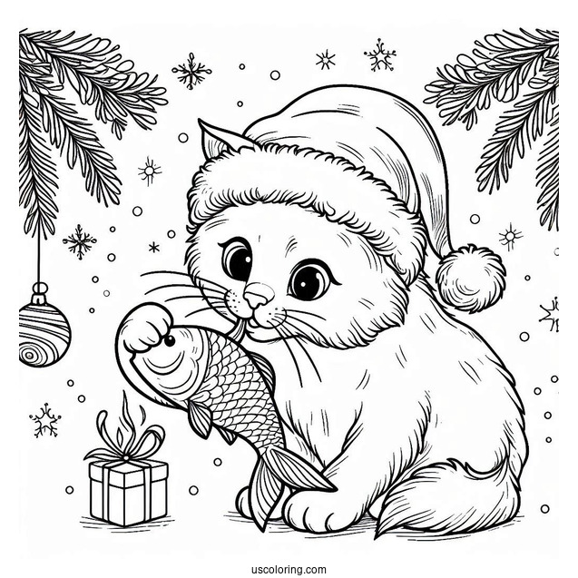 Cat Eating Fish Treat On Christmas Day Coloring Page