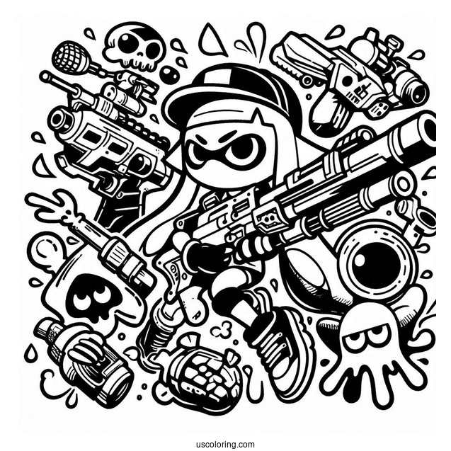 Super Smash Bros Coloring Page Of Splatoon With Weapons Super Smash Bros