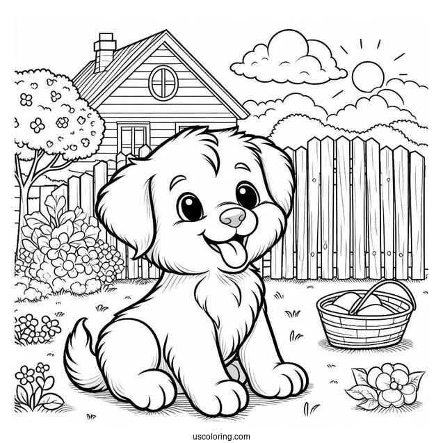 Coloring Sheet Of Cartoon Puppy In Backyard