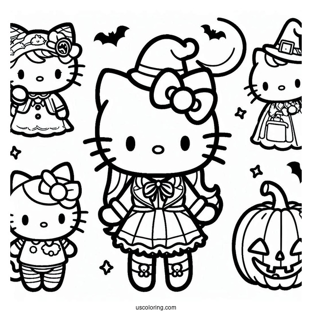 Sanrio Coloring Pages Of Hello Kitty, Dear Daniel, And Friends In Halloween Costumes