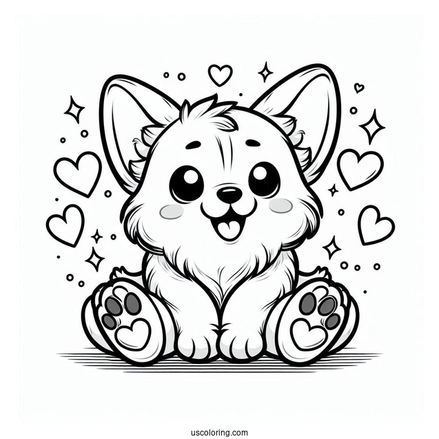 Chibi Corgi Coloring Page With Hearts And Paws In Background