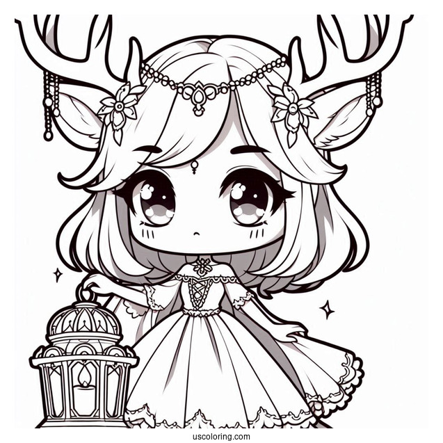 Chibi Girl With Large Antlers Holding A Lamp