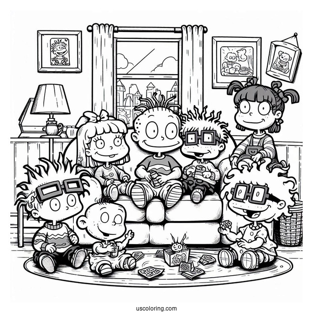 Rugrats Coloring Page Of Rugrats Tommy, Angelika, Chuckie, Susie, Lillian, And Philip In Living Room