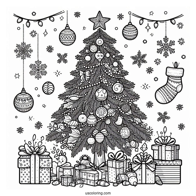 Christmas Tree With Presents And Ornaments To Color