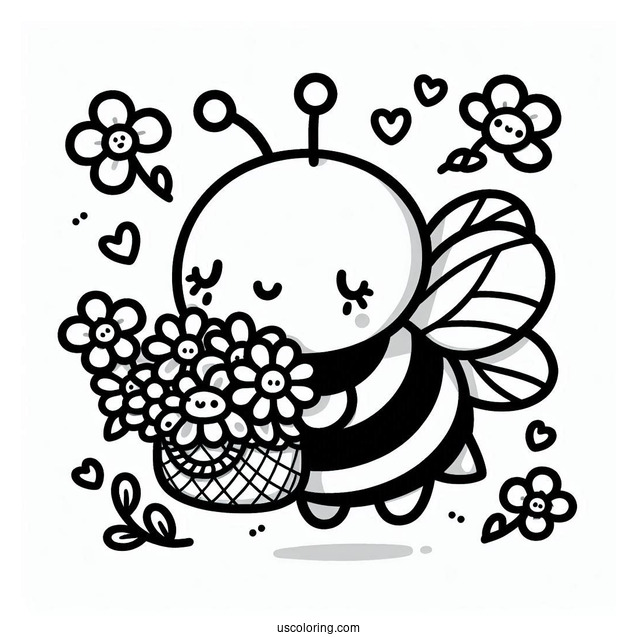 Kawaii Bee Coloring Page Collecting Flowers