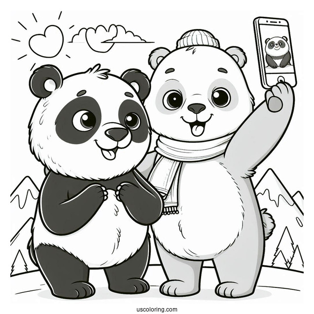 Cartoon Bear Coloring Page Taking Selfie With Panda And Polar Bear