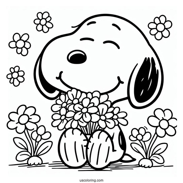 Smiling Snoopy With Flowers Coloring Picture
