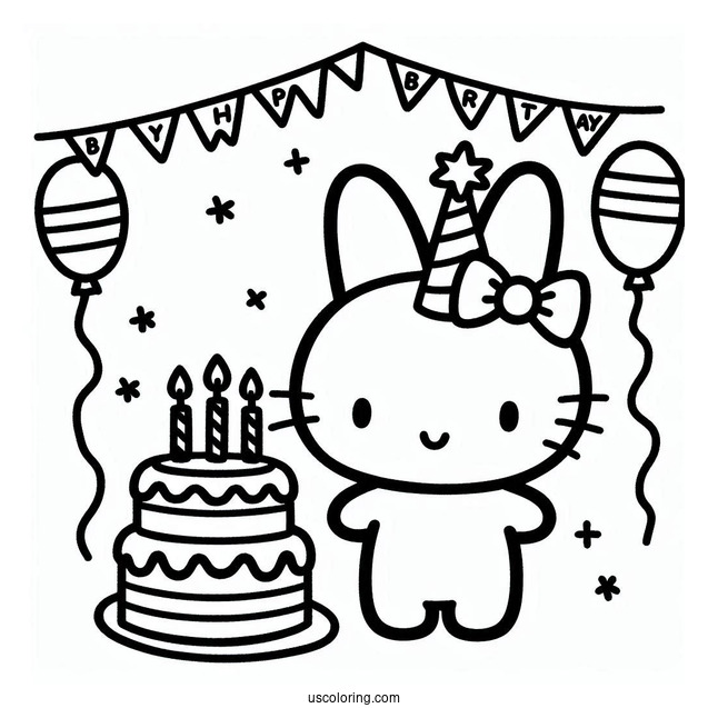 Miffy Coloring Page Celebrating Birthday With Streamer And Cake For Kids