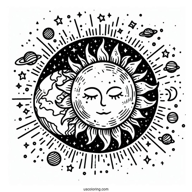 Earth And Sun In Space To Color