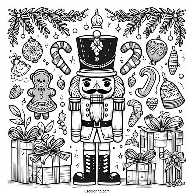 Nutcracker Coloring Page Surrounded By Presents, Gingerbread Men, And Candy Canes
