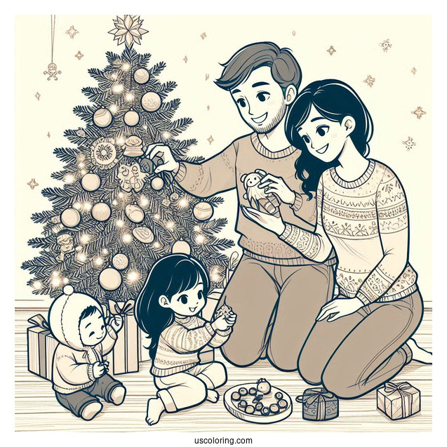 Family Decorating a Christmas Tree