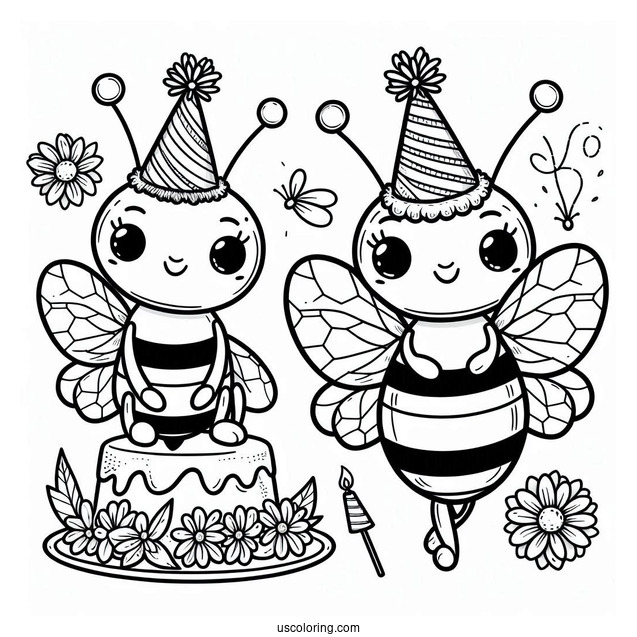 Bee Coloring Page Wearing Party Hats For Birthday Celebration