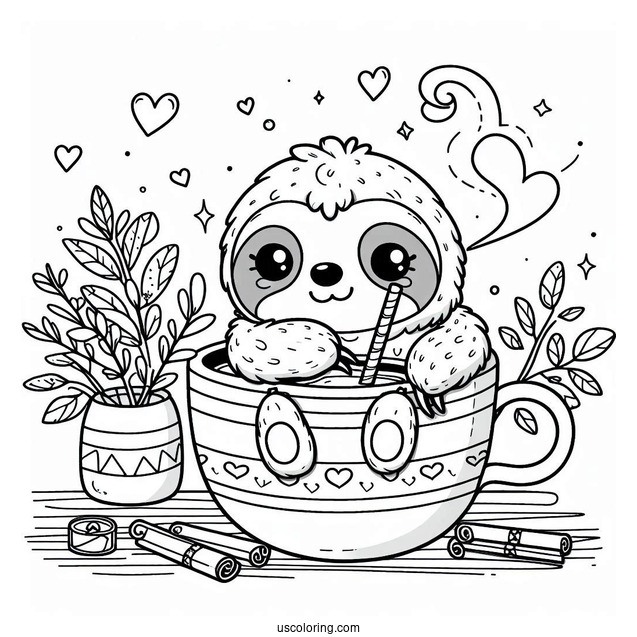 Kawaii Sloth Sitting In Teacup Coloring For Preschoolers
