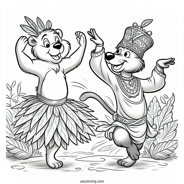 Jungle Book Coloring Page Of Baloo In Leaf Skirt Dancing With King Louie