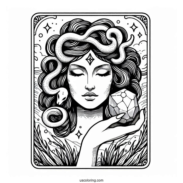 Medusa Coloring Page Holding Stone Head Tarot Card