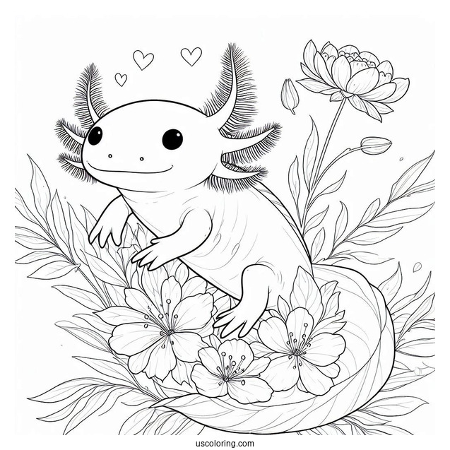 Shy Axolotl Coloring Page Hovering Above Flowers And Leaves