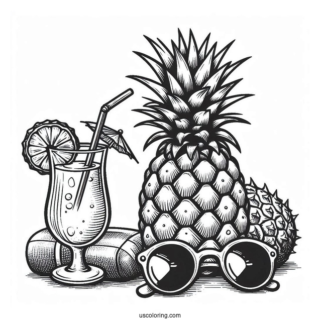Chill Pineapple Coloring Page With Drink and Sunglasses