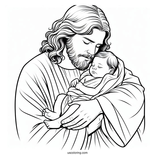 Jesus Coloring Page Cradling A Newborn Baby For Kids
