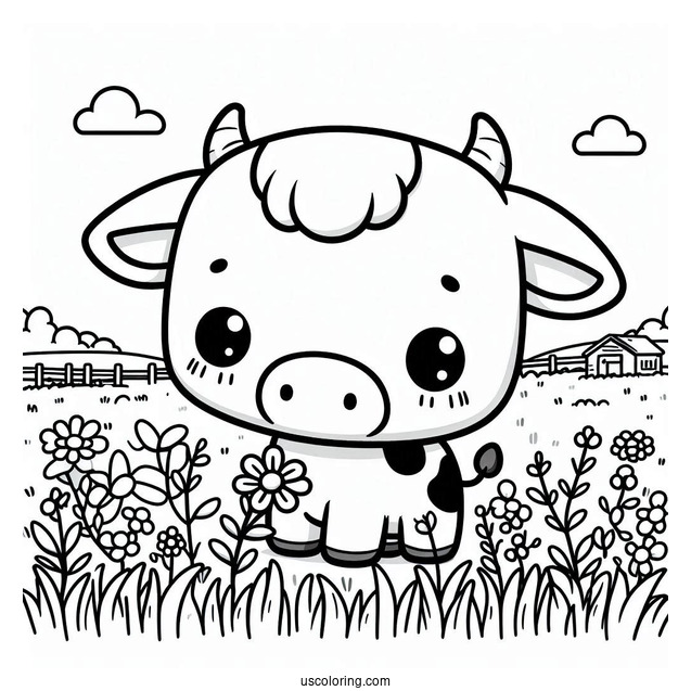Cute Coloring Page Of Chibi Cow In A Field For Preschoolers