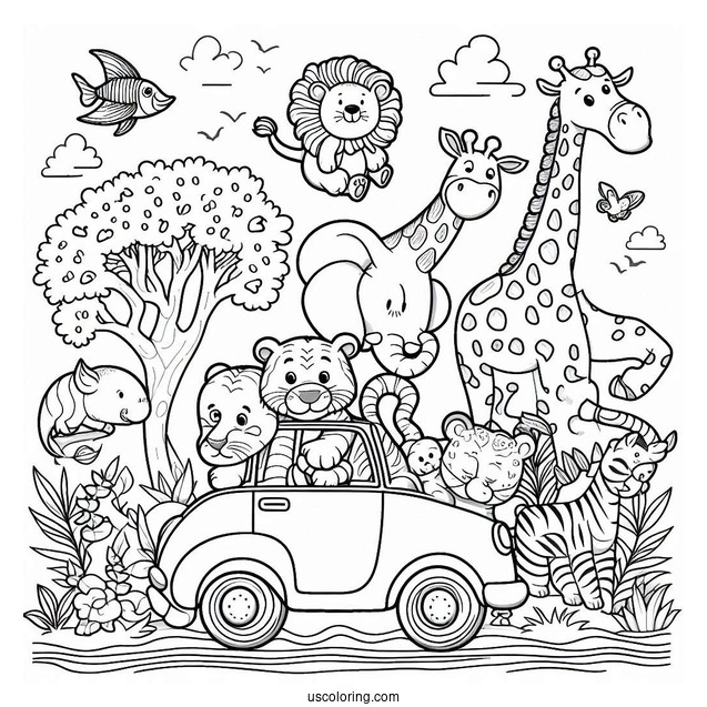 Jungle Coloring Page Of Elephant, Lion, Giraffe, Zebra, Tiger, Hippo, And Monkey Riding Car