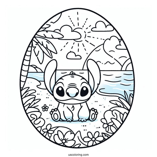 Stitch Easter Egg On A Beach Coloring Sheet