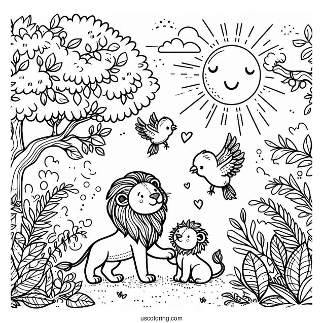 Lion With Birds Under The Sun In Jungle Coloring Page