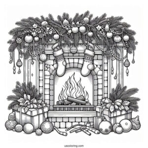 Christmas Coloring Pages For Adults Of Realistic Fireplace With Christmas Garlands And Ornaments