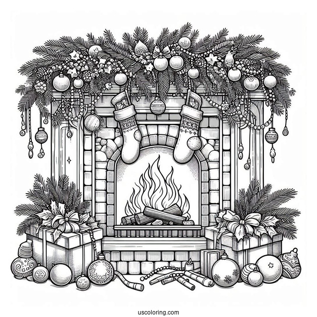 Christmas Coloring Pages For Adults Of Realistic Fireplace With Christmas Garlands And Ornaments